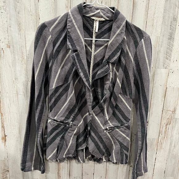Free People Charcoal Combo Rumpled Stripe Yarn Dye Linen 4 Blazer Y2K Quirky - Picture 2 of 10